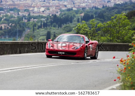 Florence, Italy - May 19: Ferrari 430 Scuderia Along Via Bolognese During The 1000 Miles On May 19, 2013 In Florence, Italy
