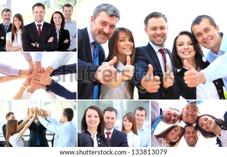Collage of business partners in suits and symbols of unity Collage of business partners in suits and symbols of unity