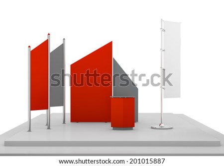red and grey trade exhibition booth or stall from front view with flag. 3d render
