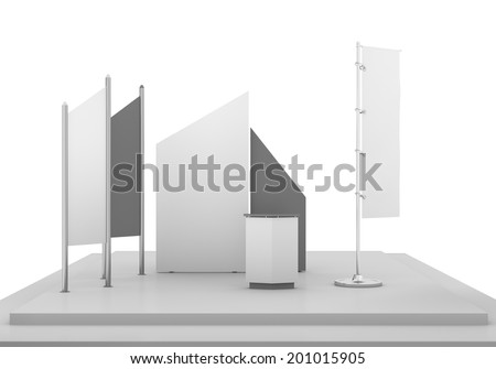 grey trade exhibition booth or stall from front view with flag. 3d render