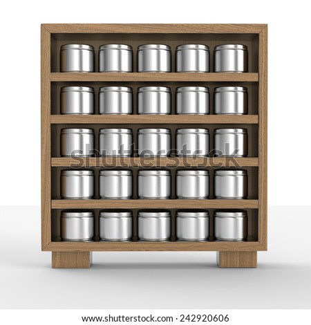 supermarket shelf with metal cans from front on white