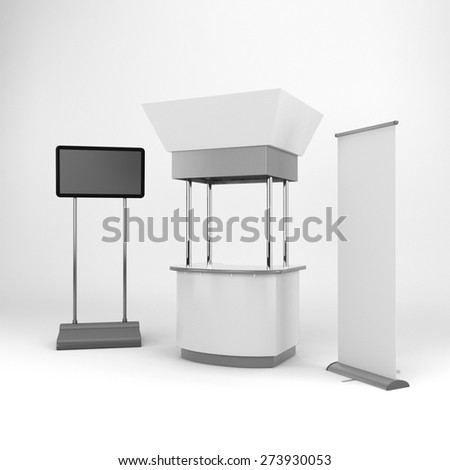 white portable booth or kiosk with tv display. 3D rendering