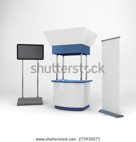 white and blue portable booth or kiosk with tv display. 3D rendering