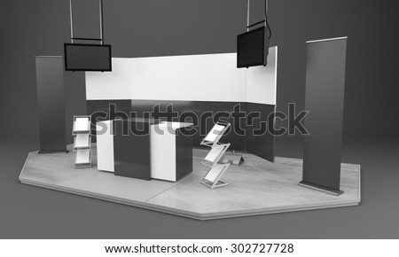 black and white booth or stall with tv displays and vertical banners. 3D rendering