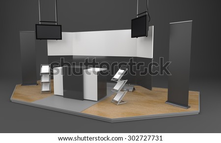 booth or stall with woodden floor and tv displays. 3D rendering