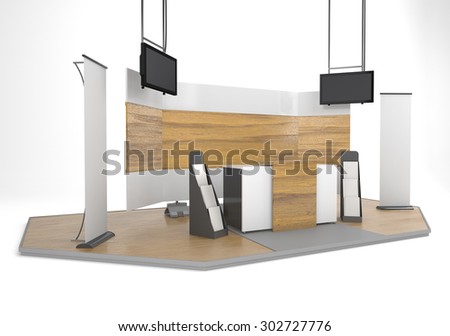 woodden booth or stall with tv displays and vertical banners. 3D rendering