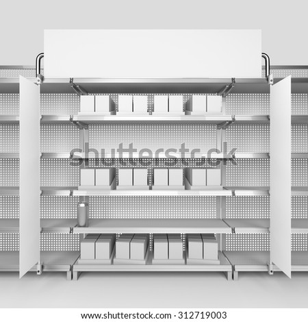 supermarket shelf with banner and flags or shelf-stoppers