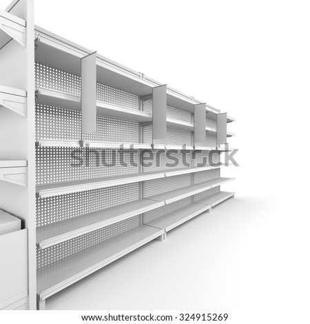 set of shelves with shelf-stopper in a store or a shop. 3D rendering