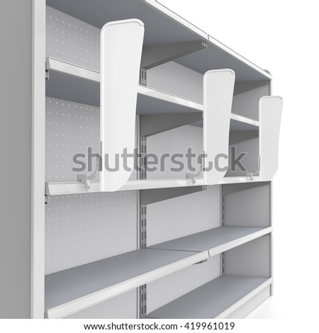 set of shelves with shelf-stopper in a store or a shop. 3D rendering