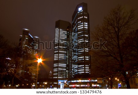 Dramatic wide angle perspective of the modern skyscrapers in Frankfurt city