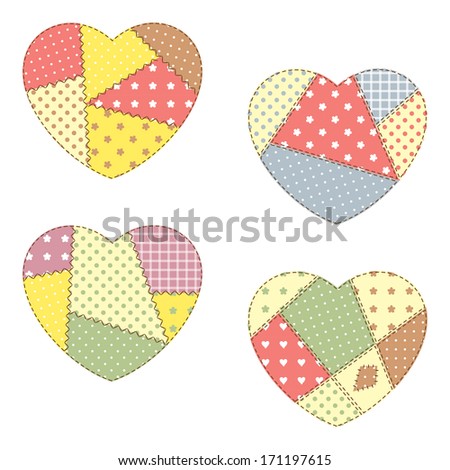 Set of cute patchwork hearts - stock photo
