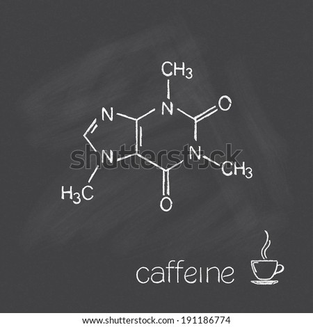 Caffeine molecule and cup of coffee chalked on blackboard Caffeine molecule and cup of coffee chalked on blackboard