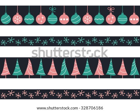 Set of seamless borders with Christmas baubles, trees and snowflakes for winter holidays design
