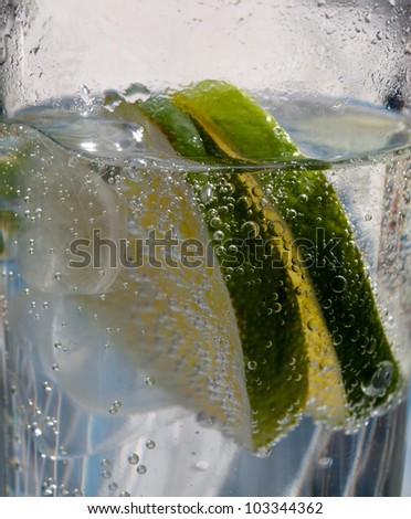 Lime slice in water bubbles