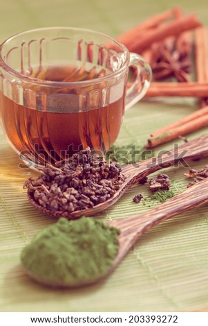 Green tea and spoon of dried green tea leaves-Filtered Image