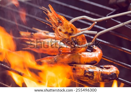 Barbecued prawns on the grill