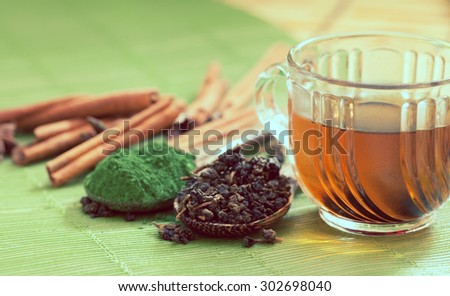 Green tea and spoon of dried green tea leaves-Filtered ImageÃ¢?Â�