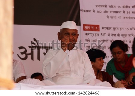 New Delhi, INDIA - JULY 26: Anna Hazare (popularly known as second Gandhi) protests against corruption on July 26, 2012 in New Delhi, India. Anna Hazare is a most popular social activist in India.