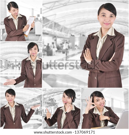 interesting collage of a beautiful Asian business woman doing various activities