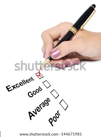 Business hand evaluate excellent on customer satisfaction form, isolated on white background