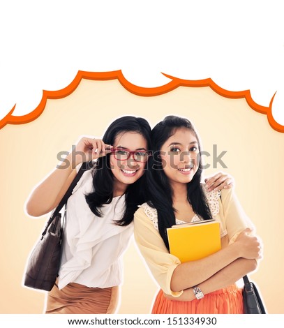 Two pretty girls best friend carrying books and bags, isolated on yellow background