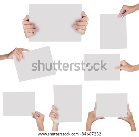collection of hand holding blank paper isolated on white background