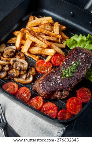 Fried steak with fries mushrooms and tomatoes.
