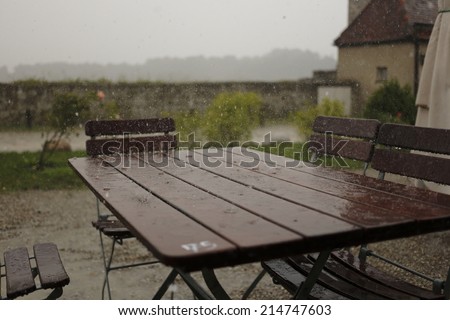 heavy rain on a outside restaurant table