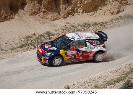 DEAD SEA, JORDAN - APRIL 16: Sebastien Loeb & Daniel Elena driving a Citroen DS3 WRC #1 During Jordan Rally on April 16,2011 Day 2 in Dead Sea, Jordan.