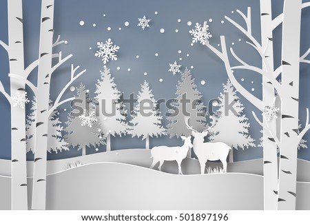Deer in forest with snow in christmas and winter season,paper art style.