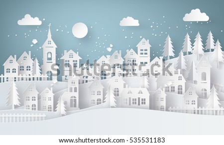 Winter Snow Urban Countryside Landscape City Village with full moon,paper art and craft style.