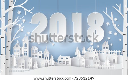 Happy new year and winter season , Snow Urban Countryside Landscape City Village with text 2018,paper art and craft style.
