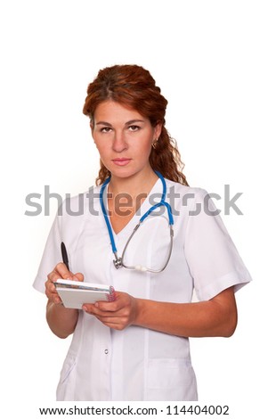 Beautiful young woman doctor listening  to the patient intently and writing something in notebook. Isolated on white background with clipping paths. Space for your logo or symbol.