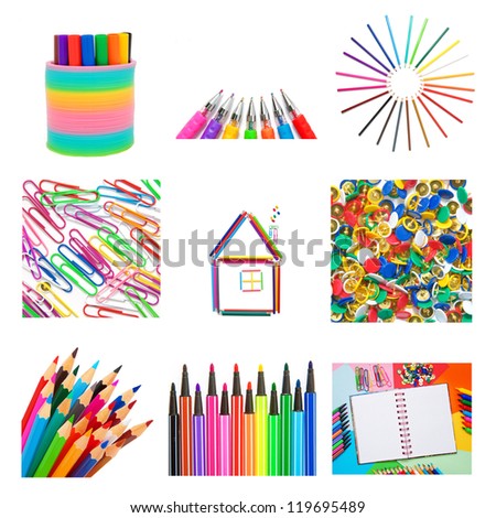 Set from office and school accessories. Notebook, color pencils, pens, markers, paper clips, buttons. Isolated on white background