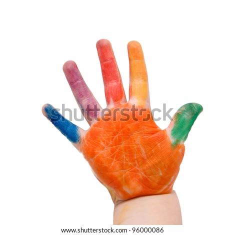Newborn baby painted hand in colorful paints as logo. Isolated on white background