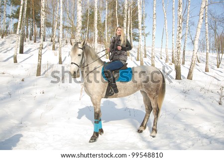 outdoor portrait of beautiful blonde girl sitting on pale horse in sunny winter birch forest