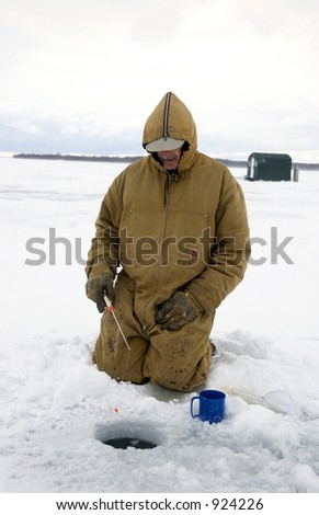 Man Ice Fishing; Ice Hut
