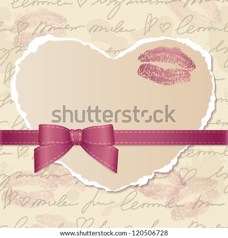 card with heart of torn paper, bow and lips traces