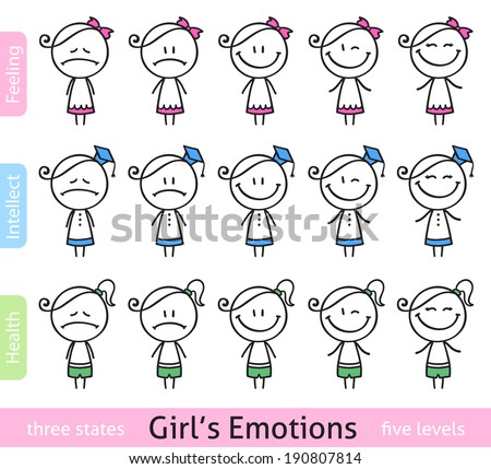 set of hand drawn girls in different emotional conditions