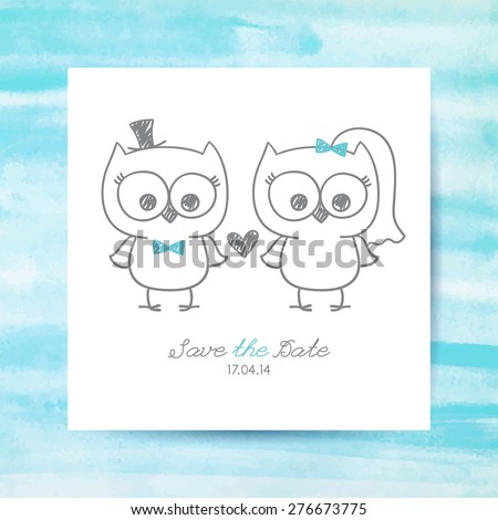 wedding hand drawn cute owls, bride and groom, invitation template