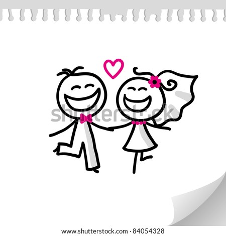 stock vector cartoon wedding couple on realistic paper sheet