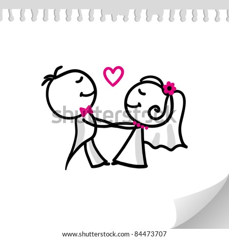 stock vector cartoon wedding couple on realistic paper sheet