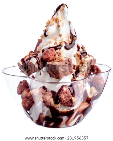 frozen yogurt, ice cream dessert with topping separated on white background