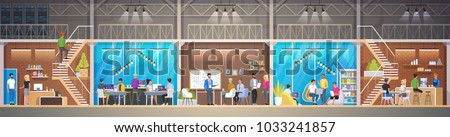 Creative Office Co-working Center in loft style. Smiling young people working on laptops in co-working area. Modern open space or shared workplace. Colorful vector illustration
