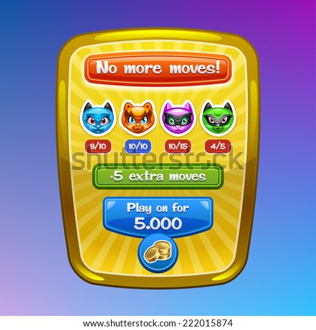 Game interface elements No more moves screen with cartoon characters and buttons Vector eps 10 Game interface elements No more moves screen with cartoon characters and buttons Vector eps 10