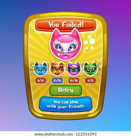 Game interface elements Failed screen with cartoon characters and buttons Vector eps 10 Game interface elements Failed screen with cartoon characters and buttons Vector eps 10