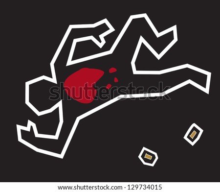 A stylized illustration of a classic crime scene with a chalk outline of the body and