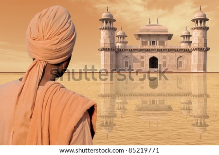 Indian palace and elegant man with turban.