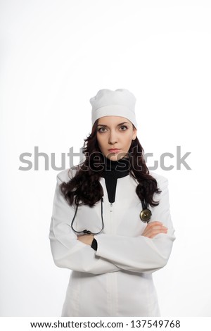 strict nurse on white background