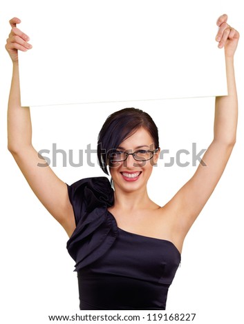 attractive smart woman holding board, isolated